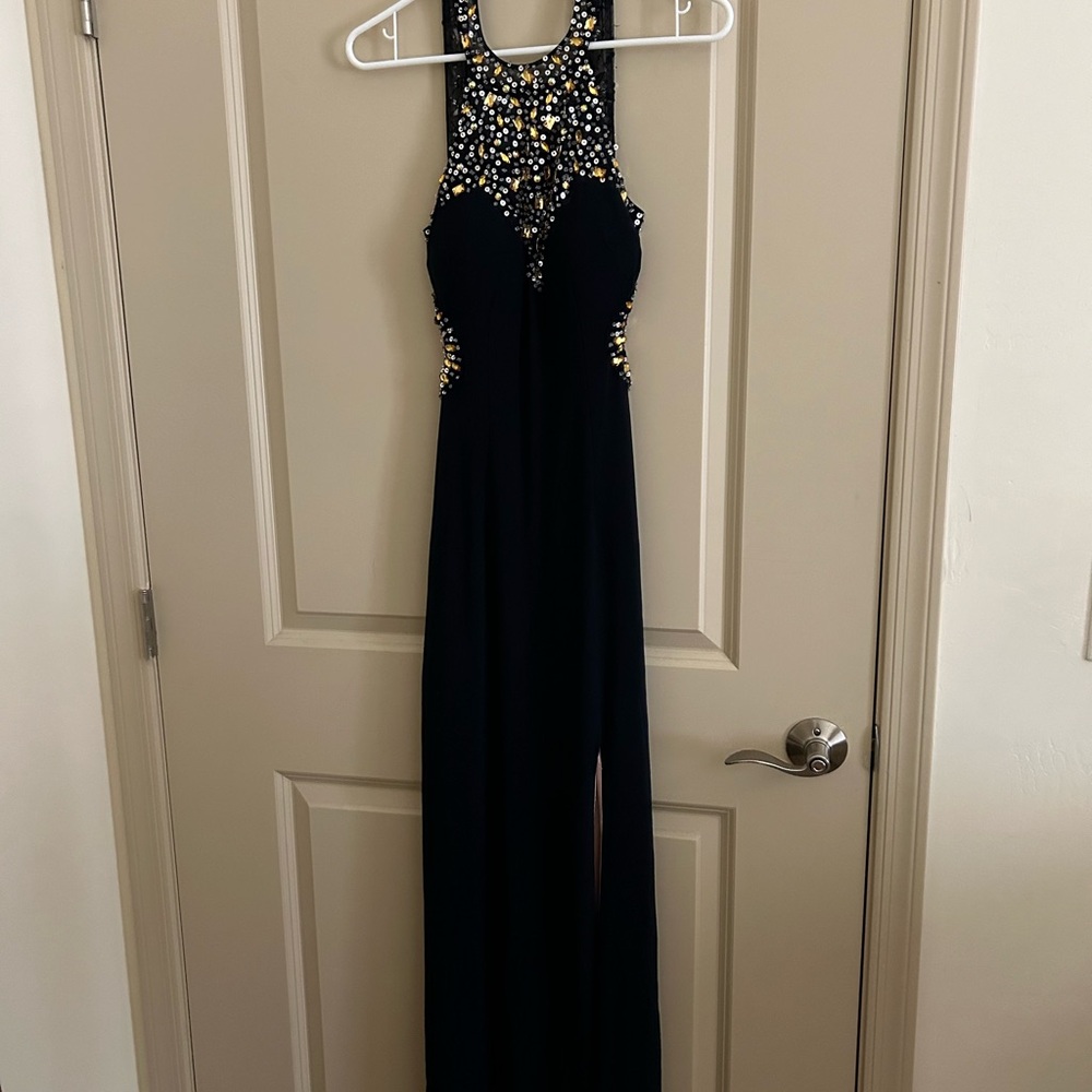 Navy Beaded Backless Halter Evening Gown